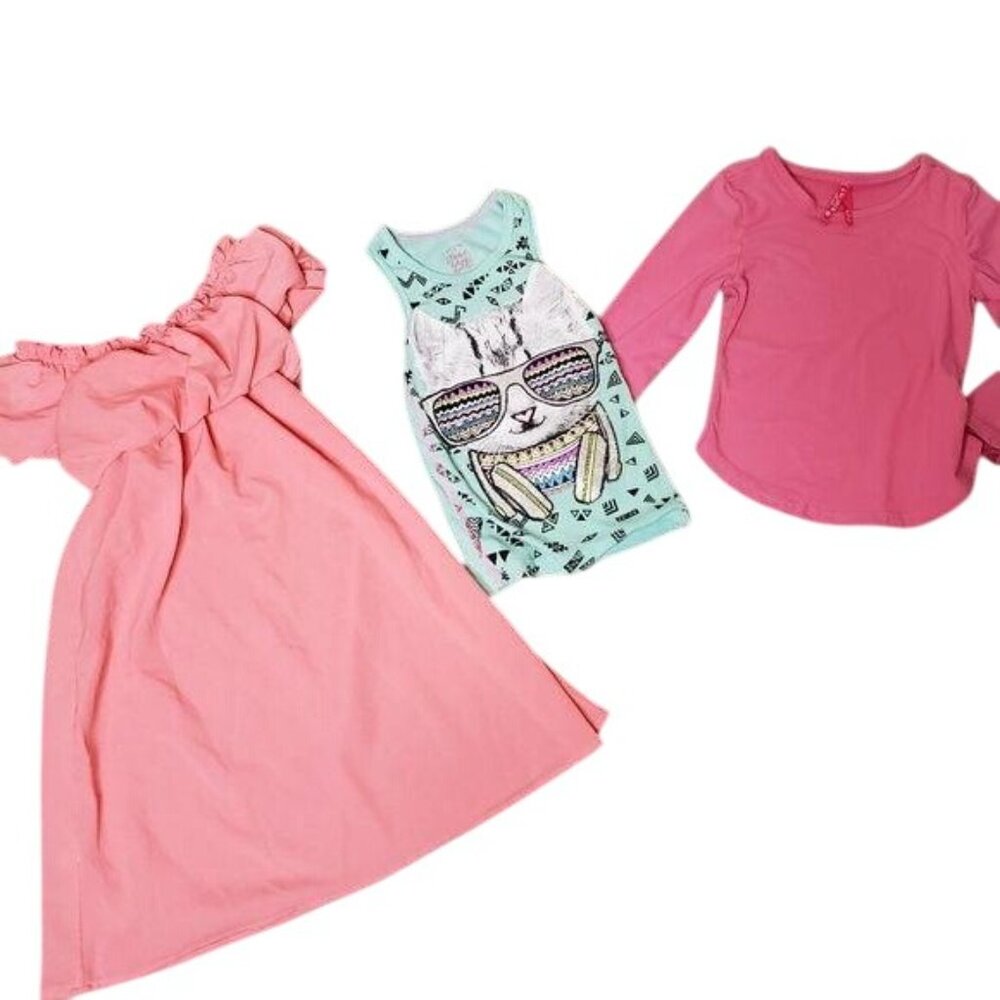 Girls 3-Piece Outfit Set: Pink Dress Graphic Tank & Long Sleeve Top Size 4/5 - Picture 5 of 6